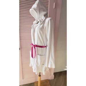JUICY COUTURE Robe Size L Hooded White Terry Velour Cloth Bath Pink Satin Tie